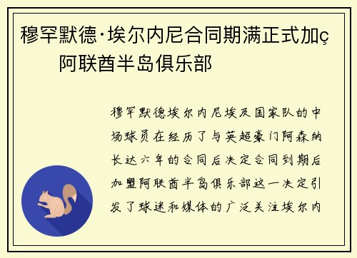 穆罕默德·埃尔内尼合同期满正式加盟阿联酋半岛俱乐部