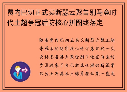 费内巴切正式买断瑟云聚告别马竞时代土超争冠后防核心拼图终落定