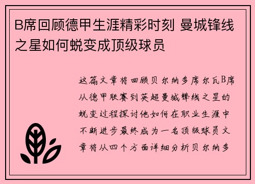 B席回顾德甲生涯精彩时刻 曼城锋线之星如何蜕变成顶级球员 B席回顾德甲生涯精彩时刻 曼城锋线之星如何蜕变成顶级球员