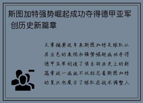 斯图加特强势崛起成功夺得德甲亚军 创历史新篇章