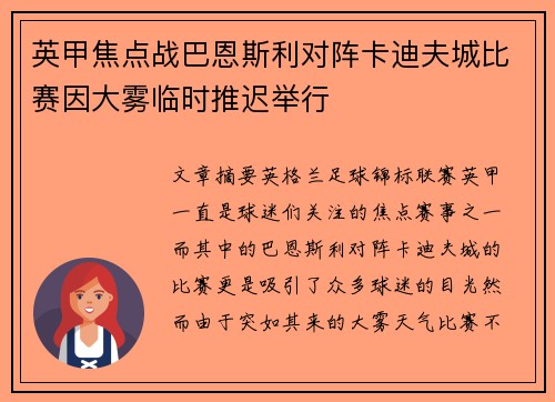 英甲焦点战巴恩斯利对阵卡迪夫城比赛因大雾临时推迟举行